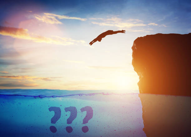 Man diving into water from high cliff. Concept of taking a risk, jumping to the unknown. 3d illustration
