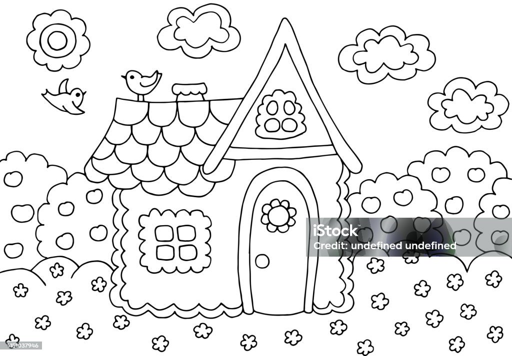 Hand-drawn coloring page with a house Hand-drawn coloring page with a fabulous house, for children and adults Door stock vector