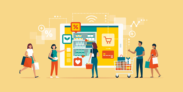 Happy people doing grocery shopping online and shopping smartphone app: technology, retail and communication concept