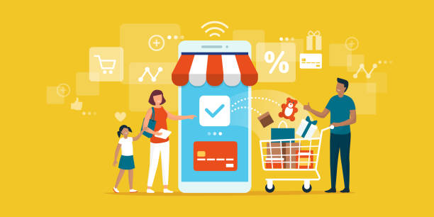 Happy family doing grocery shopping online Happy family doing grocery shopping online with a mobile app on their smartphone, the man is holding a shopping cart with products and the woman is making the payment with a credit card happy family shopping stock illustrations