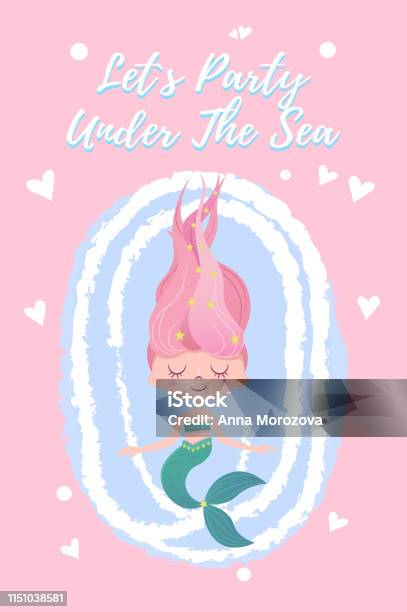 Beautiful Mermaid Girl Vector Design With Phrase Lets Party Under The Sea Stock Illustration - Download Image Now