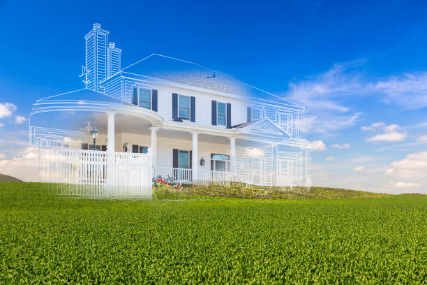 Beautiful Custom House Drawing and Ghosted House Above Green Landscape Beautiful Custom House Drawing and Ghosted House Above Green Landscape. land planning stock pictures, royalty-free photos & images