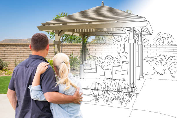 Couple Facing Pergola Drawing Gradating To Photo Couple Facing Pergola Drawing Gradating To Photo. home addition photos stock pictures, royalty-free photos & images