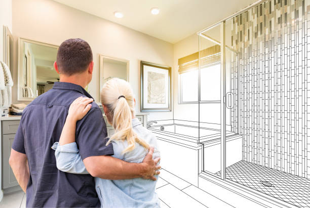 istock Couple Facing Bathroom Drawing Gradating To Photo 1151040906