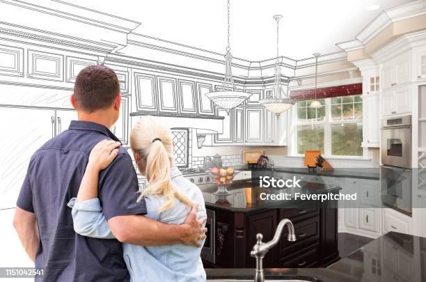 Couple Facing Custom Kitchen Drawing Gradating To Photo Stock Photo - Download Image Now
