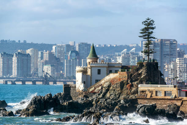 Wulff Castle in Vina del Mar View of Wulff Castle with apartment buildings in the background in Vina del Mar, Chile vina del mar chile stock pictures, royalty-free photos & images