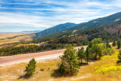 View from the Beartooth highway in Montana, in western USA of North America.. Nearest cities are Denver, Colorado, Salt Lake City, Jackson, Wyoming, Gardiner, Cooke City, Bozeman, and Billings, Montana, North America.