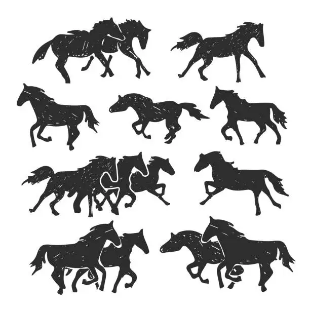 Vector illustration of Running horses drawing set