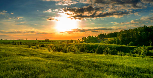 istock Magnificent scenery, sunset over fields, ravines and forests, turquoise orange sky and bright green grass and leaves of trees 1151053816