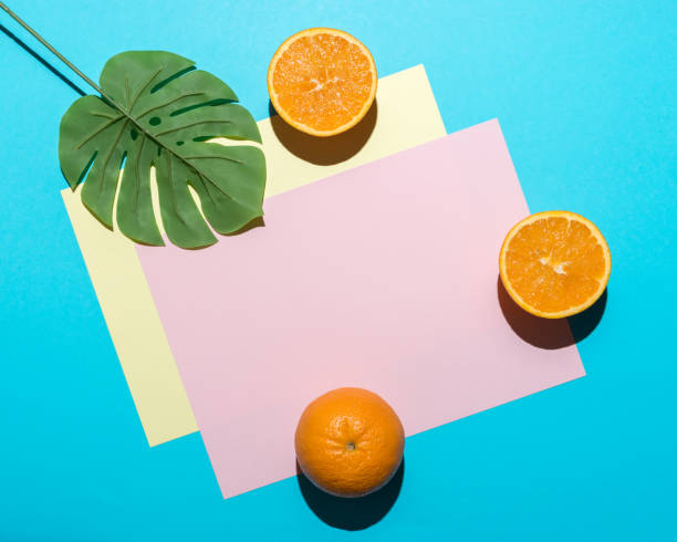 istock Tropical palm leaf with sliced orange on bright blue background. Minimal summer composition. Flat lay. 1151055577