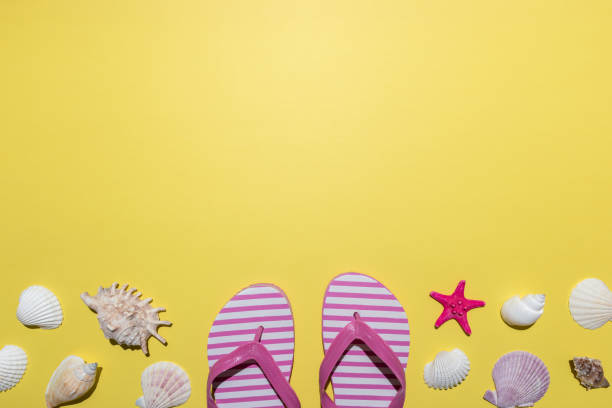 istock Creative composition with seashells and beach slippers on bright yellow background. Summer minimal concept. 1151055602