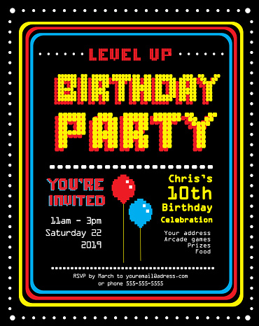 Vector illustration of a Retro Arcade Birthday Party invitation design template. Includes pixelated text and design elements of a retro arcade video game screen. Sample text design. Sample text is Ocra. Easy to edit. EPS 10.