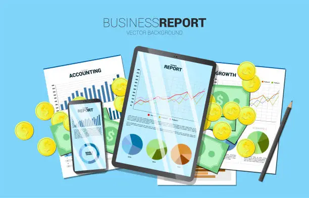 Vector illustration of top view table business report in mobile phone and tablet with paper and money.