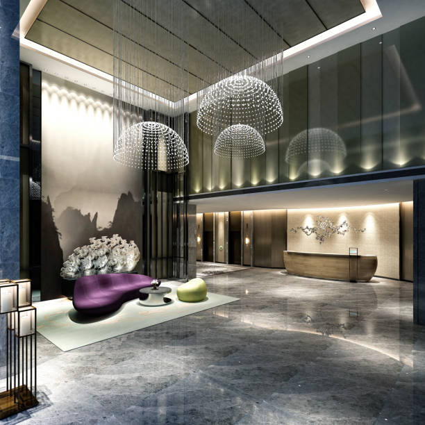 istock 3d render of luxury hotel lobby and reception 1151060402