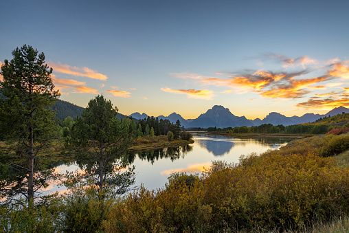 Snake River and Grand Teton National Park sunset and landscape view