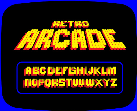 Vector illustration of a Retro Arcade Gaming font alphabet design set. Sample text design. Easy to edit. EPS 10.
