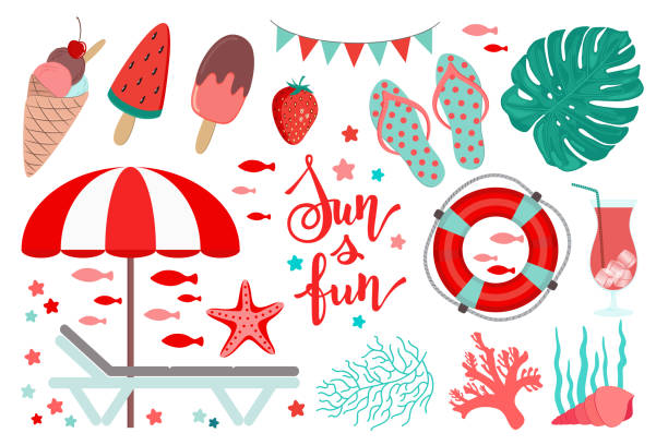 Summer clip art set. Coral red and teal green color. Beach objects. Sea vacation icons. Summer clip art set. Coral red and teal green color. Beach objects. Sea vacation icons. Beach chair and sunshade parasol umbrella. Flip flops, life buoy. Shells, corals, seaweed. Sun and fun words. red beach chairs stock illustrations