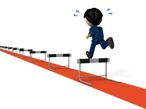 Beginning of a long work experience. A young businessman who began running hurdle race. Rear view. White background. 3D illustration.