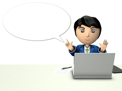 Business man character in front of laptop computer. She explains something.  3D illustration. White background.
