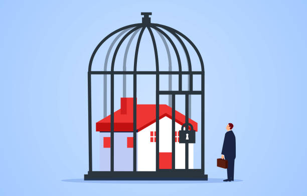 Locked house inside the cage Locked house inside the cage recession protection stock illustrations