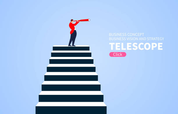 Business vision, businessman holding a telescope standing on the top of the stairs looking into the distance Business vision, businessman holding a telescope standing on the top of the stairs looking into the distance the way forward steps stock illustrations