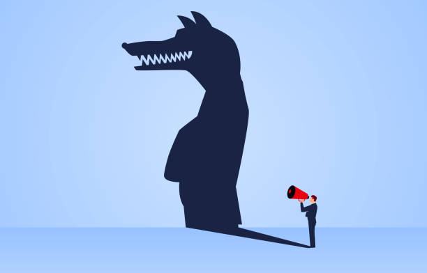 The shadow of a businessman holding a megaphone standing and shouting is a wolf The shadow of a businessman holding a megaphone standing and shouting is a wolf megaphone silhouettes stock illustrations