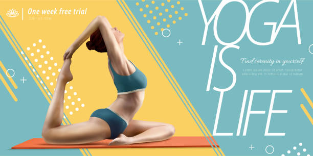 Woman practicing yoga Yoga is life banner ads with woman practicing on yoga mat in 3d illustration pilates stock illustrations