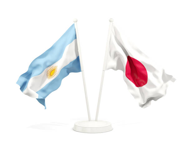 два развевающихся флага аргентины и японии изолированы на белом - japan flag japanese flag white стоковые фото и изображения