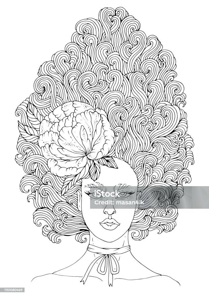 Vector Drawn Portrait Of A Fairy Girls With Curly High Hairstyle Developing  Hair Up Decorated With Peony Flower Forest Fantasy Character Coloring Page  Design Card Print On Tshirt On White Back Stock