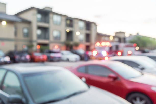 istock Blurry background fire disaster event at apartment complex in America 1151081099