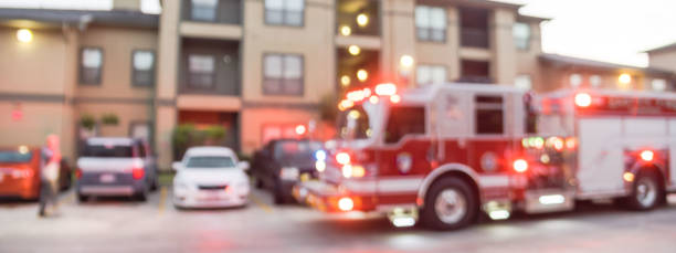 istock Panoramic view blurry background fire disaster event at apartment complex in America 1151081148