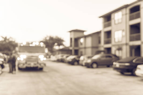 istock Filtered image blurry background fire disaster event at apartment complex in America 1151081194