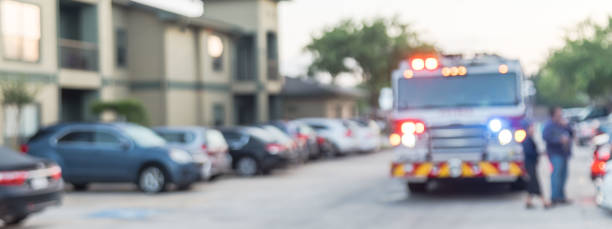 istock Panoramic view blurry background fire disaster event at apartment complex in America 1151081202