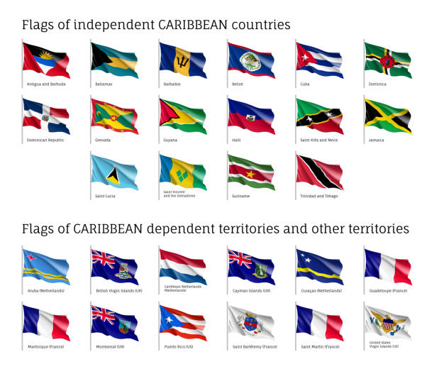 ilustraciones, imágenes clip art, dibujos animados e iconos de stock de las banderas onduladas de los países caribeños - flag of guyana