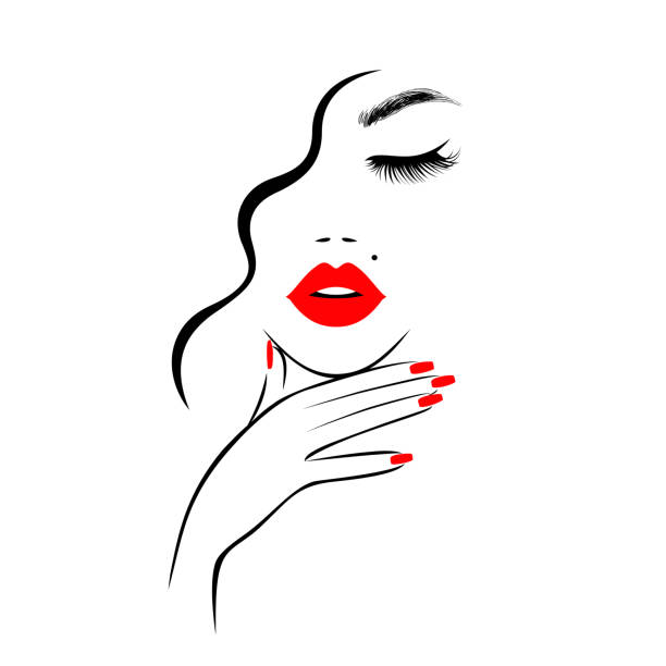 schöne sexy gesicht, rote lippen, hand mit roten maniküre nägel, mode frau, element-design, nägel studio, lockige frisur, friseur salon zeichen, symbol. schönheit-logo. vektor-illustration. handzeichnung stil. - cosmetics nail polish beauty spa lipstick stock-grafiken, -clipart, -cartoons und -symbole