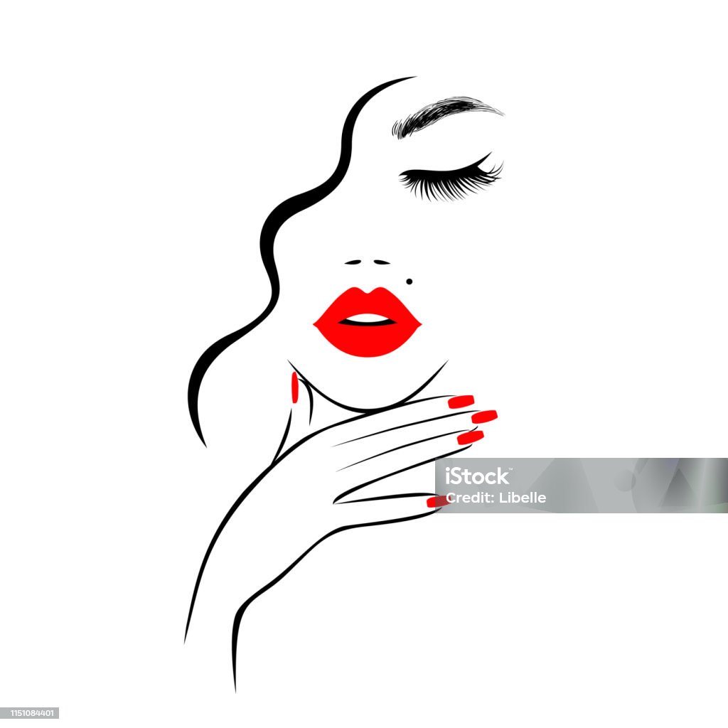 Beautiful sexy face, red lips, hand with red manicure nails, fashion woman, element design, nails studio, curly hairstyle, hair salon sign, icon. Beauty Logo. Vector illustration. Hand drawing style. Make-Up stock vector