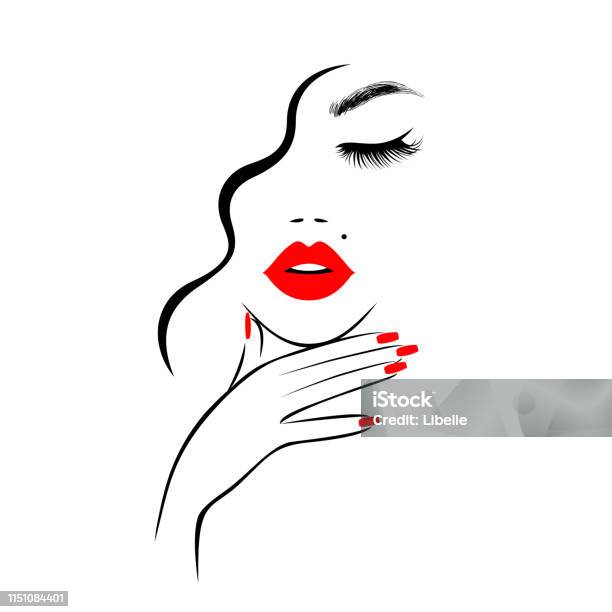 Beautiful Sexy Face Red Lips Hand With Red Manicure Nails Fashion Woman Element Design Nails Studio Curly Hairstyle Hair Salon Sign Icon Beauty Logo Vector Illustration Hand Drawing Style Stock Illustration - Download Image Now