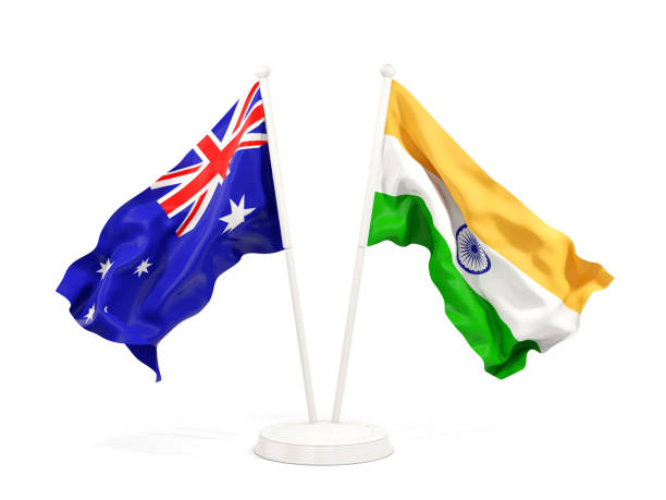 istock Two waving flags of Australia and india isolated on white 1151085543