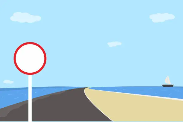 Vector illustration of Blank traffic sign board on blue sky background, vector illustration