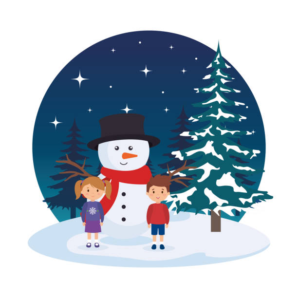 маленькие дети со снеговиком в ландшафте - christmas child friendship little boys stock illustrations
