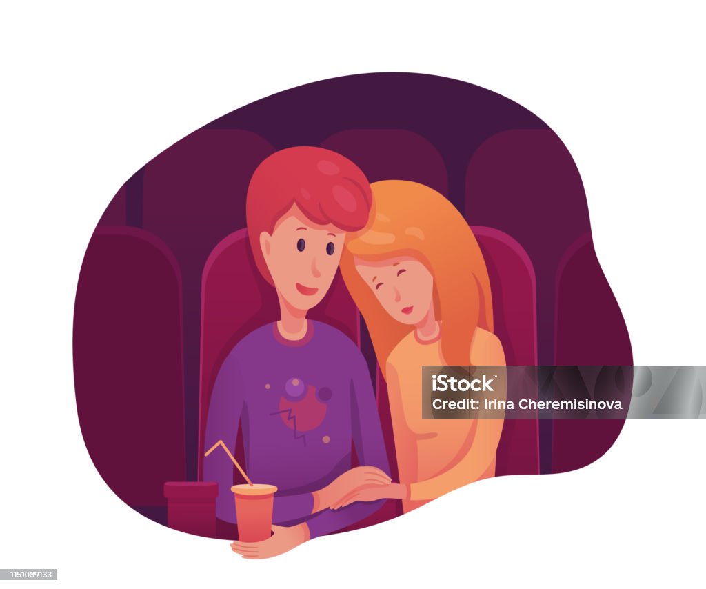 Company in cinema flat vector illustration Couple in cinema flat vector illustration. Boy and girl having romantic evening drawing. Young cartoon characters. Girl sleeping at movies. First date scene. Isolated design element Adult stock vector