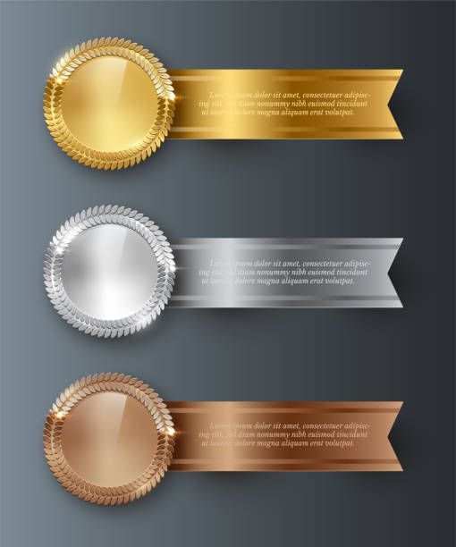 ilustrações, clipart, desenhos animados e ícones de vector o ouro, a prata, as medalhas em branco de bronze e as fitas horizontais com espaço do texto isolado no fundo cinzento. - dourado cores