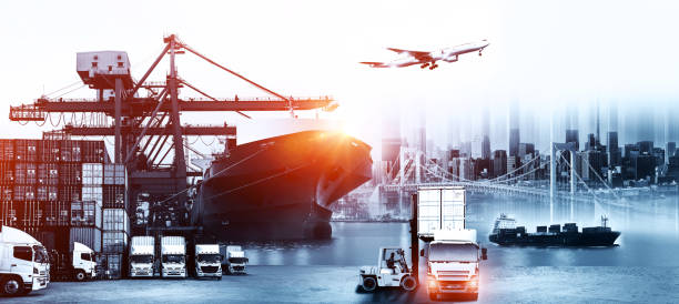 istock Logistics and transportation of Container Cargo ship and Cargo plane with working crane bridge in shipyard at sunrise, logistic import export and transport industry background 1151090888