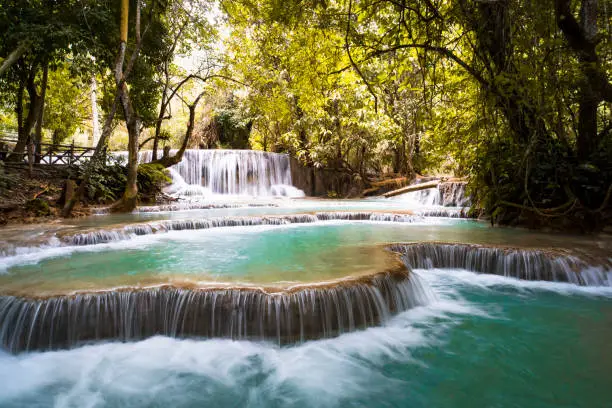 Kuang Si Falls or known as Tat Kuang Si Waterfalls. These waterfalls are a favorite side trip for tourists in Luang Prabang with a turquoise blue pool. Cascade of small waterfalls.