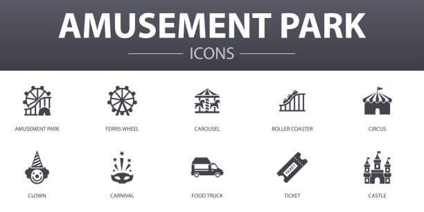 kuvapankkikuvitukset aiheesta huvipuiston yksinkertaiset konseptikuvakkeet asetettu. sisältää sellaisia kuvakkeita kuin maailmanpyörä, karuselli, vuoristorata, karnevaali ja paljon muuta, voidaan käyttää verkossa, logossa, käyttöliittymässä / ux: ssä - vuoristorata