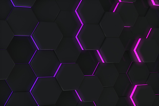 3d rendering of Hexagon, Honeycomb pattern. Abstract 3D Background with Neon Lights. Futuristic Technology Concept.