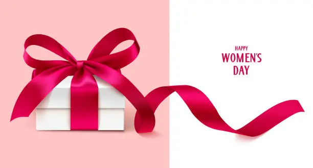 Vector illustration of Happy Womens day template design. Decorative white gift box with red bow and long ribbon