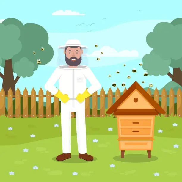 Vector illustration of Beekeeper in Protective Suit Stand near Beehive.