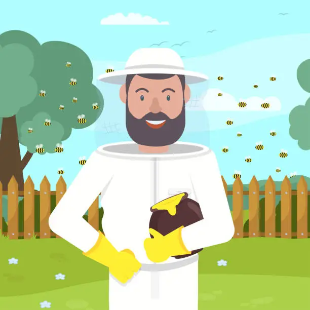 Vector illustration of Apiarist in Protective Suit with Pot Honey in Hand