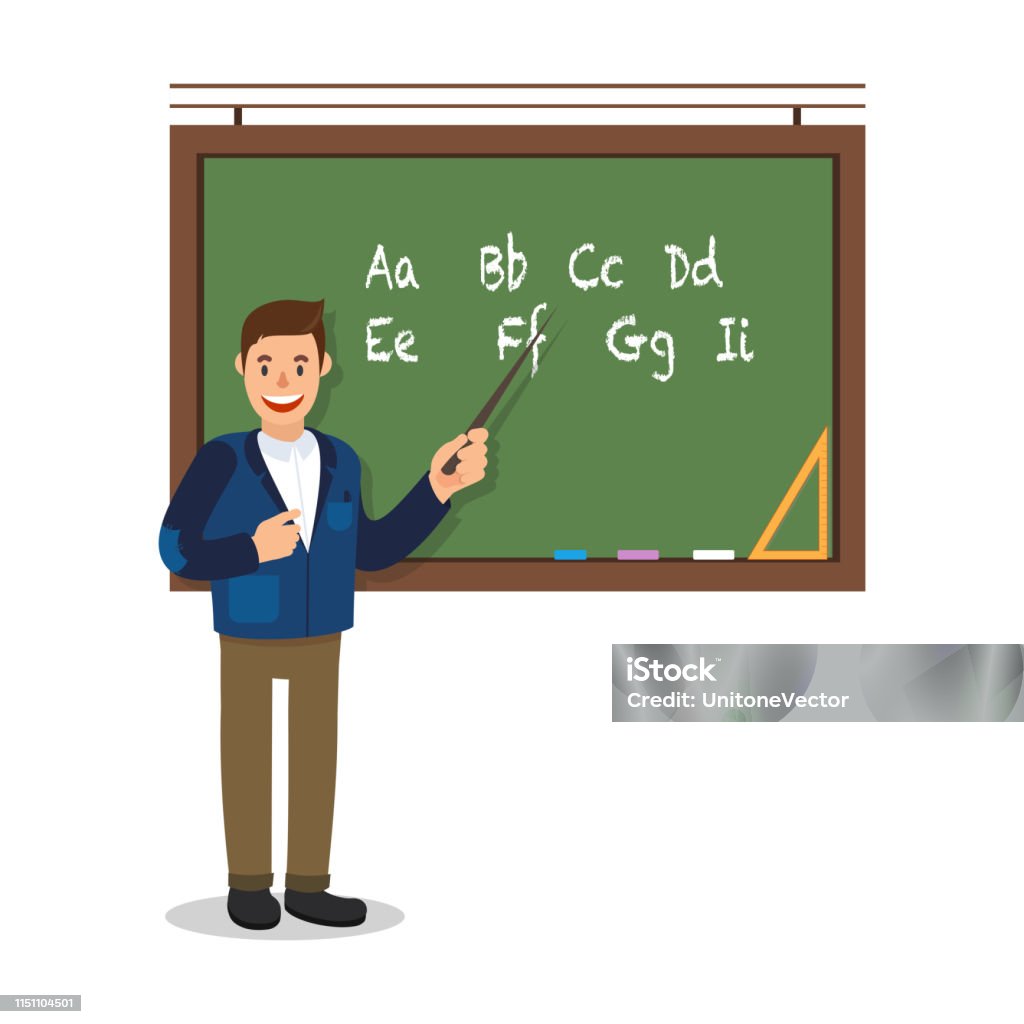 Teacher Stand Near Blackboard On White Background Stock Illustration -  Download Image Now - Cartoon, Chalk Drawing, Men - iStock
